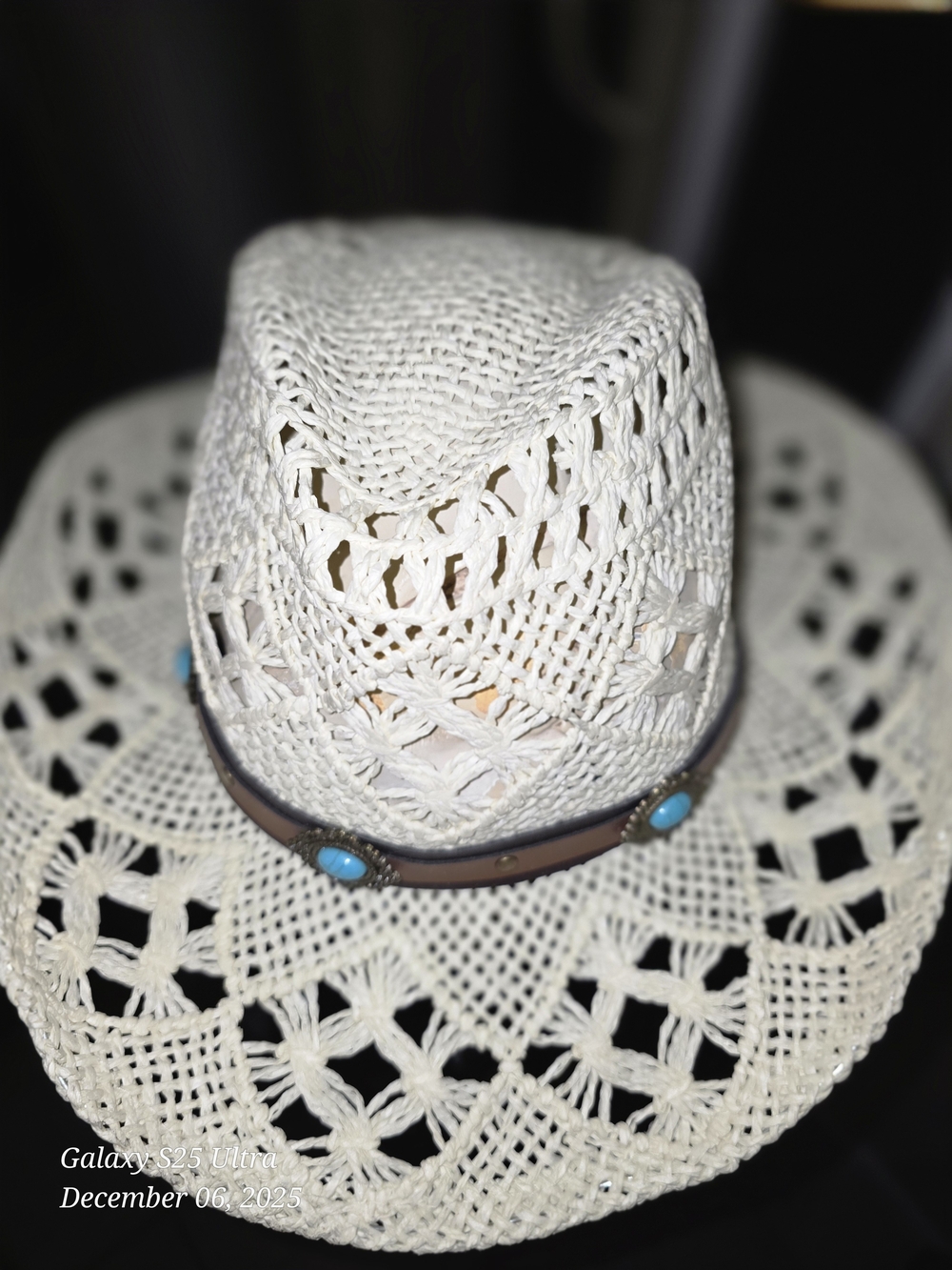Straw Cowgirl Hat with Brown Leather Band and Turquoise Accents - Picture 4 of 5